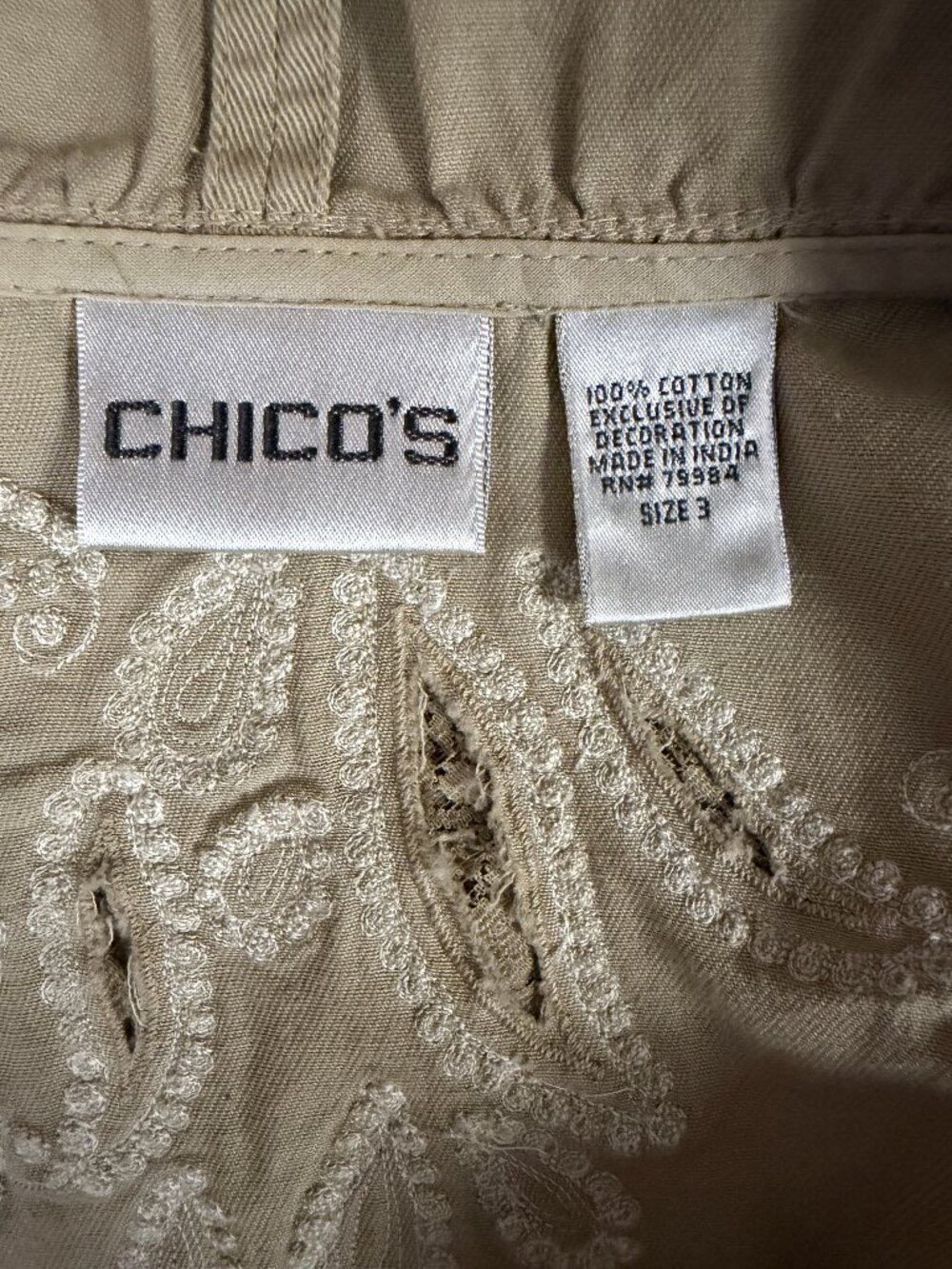 Chico's Tan Cotton Embroidered Open Jacket XL Boho Scallop Hem - Picture 6 of 8